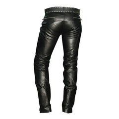 Men's Real Cowhide Leather Quilted Panels Slim Fit Trousers Pants Bikers Jeans Lederhosen