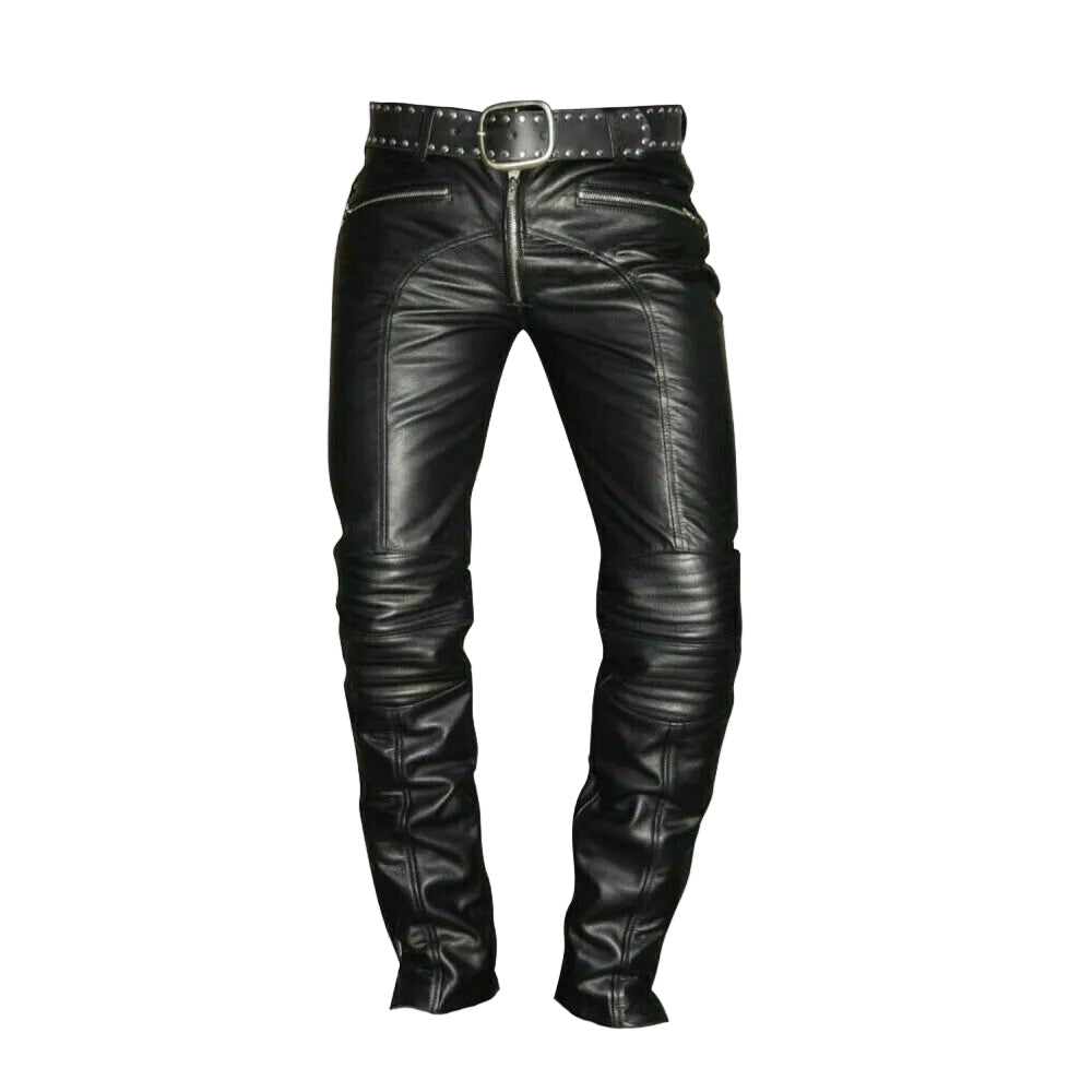 Men's Real Cowhide Leather Quilted Panels Slim Fit Trousers Pants Bikers Jeans Lederhosen
