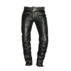 Men's Real Cowhide Leather Quilted Panels Slim Fit Trousers Pants Bikers Jeans Lederhosen