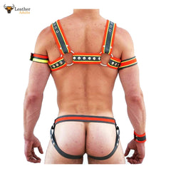 Mens Multi Color Real Leather Chest Harness Gay Interest Adjustable With Jock Straps