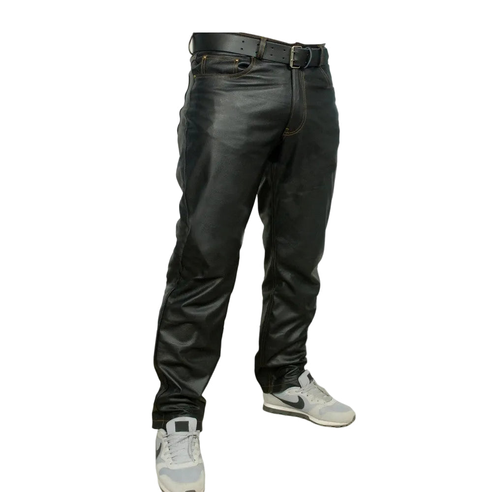 Men's Black Genuine Leather 5 Pocket Jeans Classic 501 Style Cut