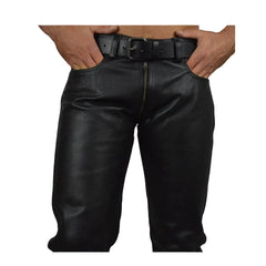 Men's Real Cowhide Leather Pants Double Zipped Leather Gay Pants Trousers
