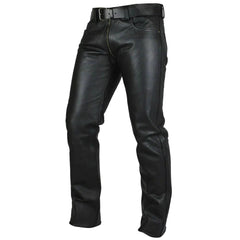 Men's Real Cowhide Leather Pants Double Zipped Leather Gay Pants Trousers