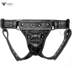 Black leather jockstrap with a removable pouch, featuring metal studs and a logo on the waistband.