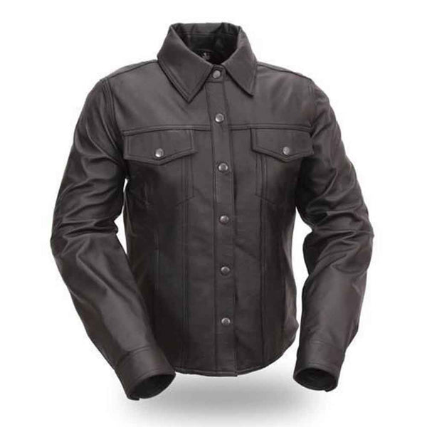 REAL LEATHER Men's Long Sleeve Black Police Military Style Shirt BLUF Most Sizes