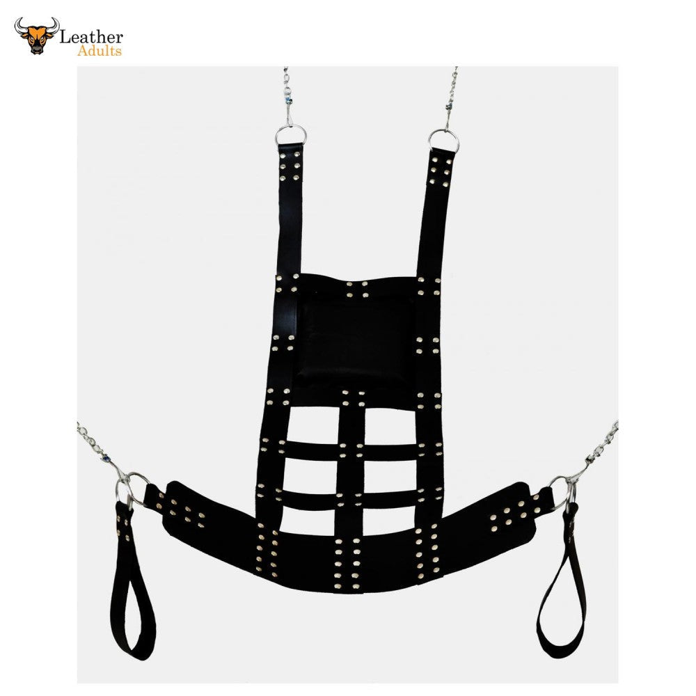 A black leather web sex swing sling with stirrups and a soft leather cushion. The sling is in a trapezoid shape, featuring a series of rivets for attachment and suspension straps for chain or rope play.
