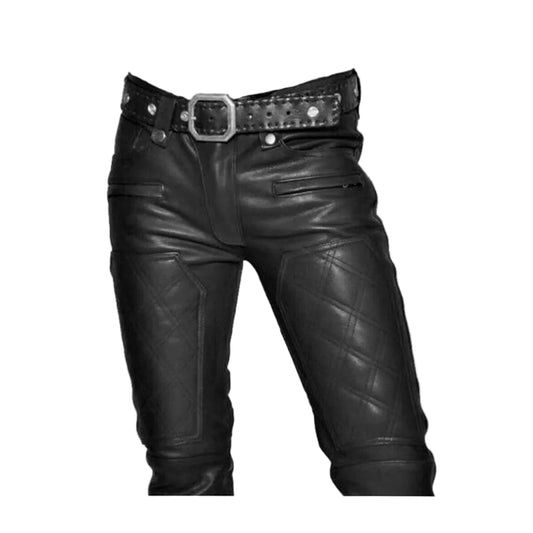 Mens Real Leather Bikers Pants Quilted Panels Slim Fit Bikers Leather Trousers BLUF Pants