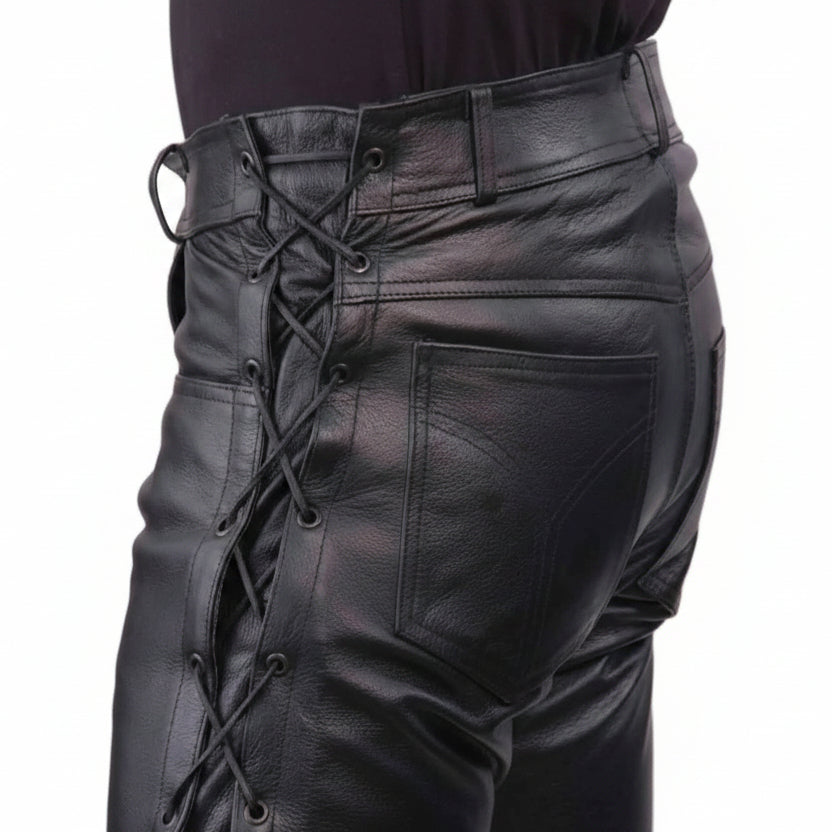 Black leather chaps pants with side lacing and a back pocket, shown on a white background.
