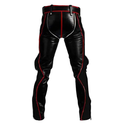 Mens Black Cowhide Leather Bondage Jeans With Red Piping BLUF Leder Breeches