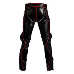 Mens Black Cowhide Leather Bondage Jeans With Red Piping BLUF Leder Breeches