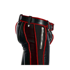 Mens Black Cowhide Leather Bondage Jeans With Red Piping BLUF Leder Breeches