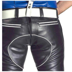 Men's Real Cow Leather GAY Pants Double Zip Trousers Motorbike Jeans Schwarz