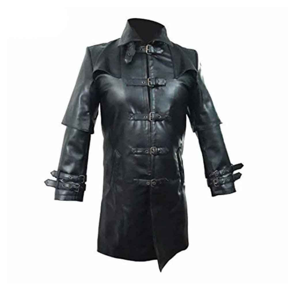 Gabardina gótica Matrix de cuero de vaca negro para hombre Gabardina gótica Steampunk T5 NEGRO