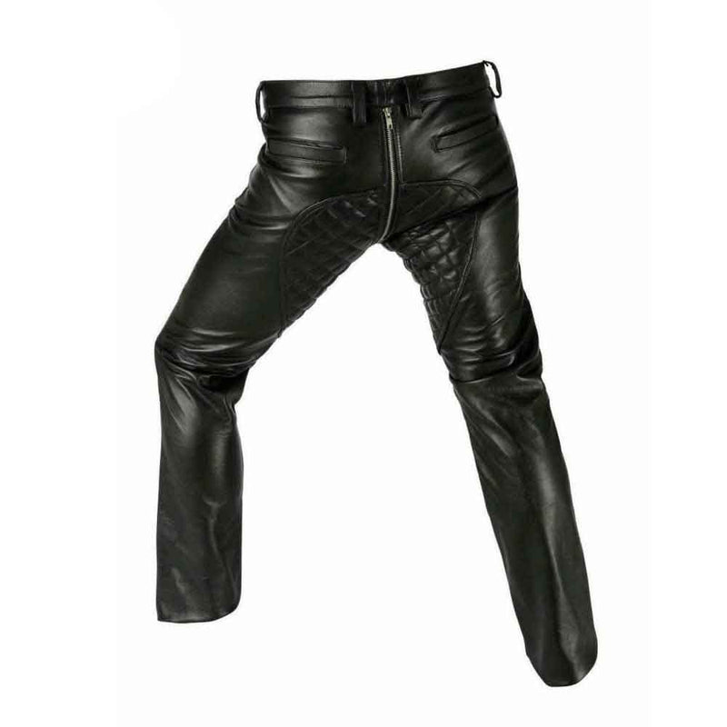 Men's Black Cowhide Leather Quilted Panels Breeches Trousers Pants Bikers Jeans Leder Breeches
