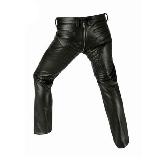Men's Bikers Pants Trouser Real Sheep Leather Quilted Panel Gay Interest Pants