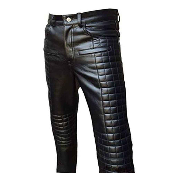 Mens Black Cow Leather Sleek and Sexy Quilted Style Jeans BLUF Pants Trousers