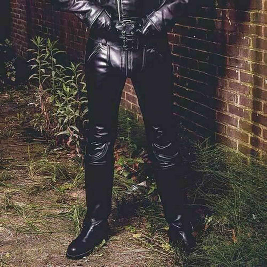 Men's Black Cow Leather Double Zip GAY Trousers Pants Bikers Jeans Schwarz