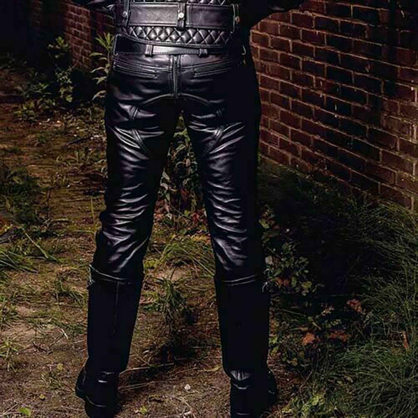 Men's Black Cow Leather Double Zip GAY Trousers Pants Bikers Jeans Schwarz