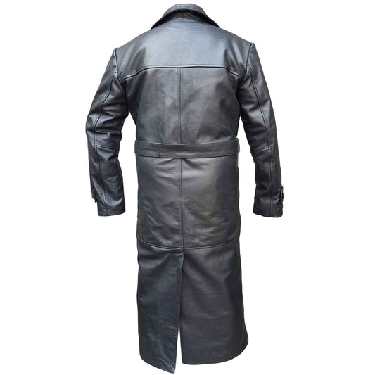 Gabardina de doble botonadura de longitud completa de cuero de vaca negro para hombre Nuevo