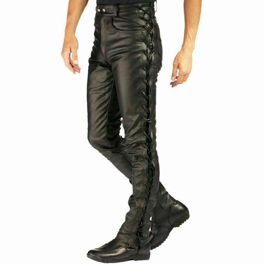 Mens Black Cowhide Leather Lacing BLUF Pants Bikers Lederhosen Jeans Trousers