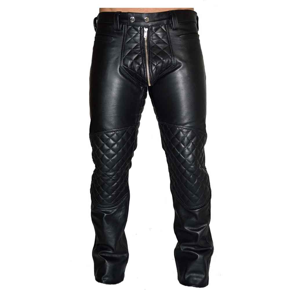 Men's Black Cowhide Leather Quilted Panels Breeches Trousers Pants Bikers Jeans Leder Breeches