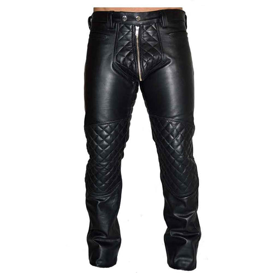 Men's Black Cowhide Leather Quilted Panels Breeches Trousers Pants Bikers Jeans Leder Breeches