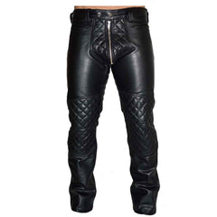 Men's Black Cowhide Leather Quilted Panels Breeches Trousers Pants Bikers Jeans Leder Breeches