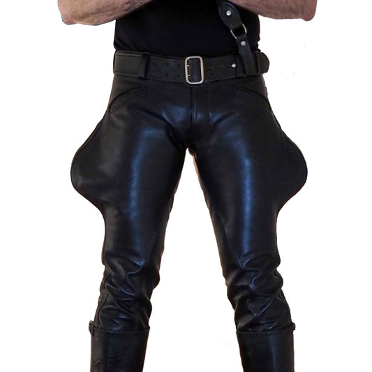 Mens Black Cowhide Leather Saddleback Bootcut Rear Blind Pockets Breeches BLUF Pants Trousers
