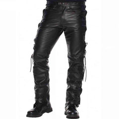 Pantalones de cuero de vaca negros para hombre, pantalones con cordones para motocicleta, pantalones vaqueros 