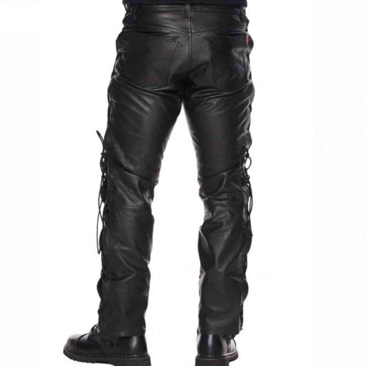 Pantalones de cuero de vaca negros para hombre, pantalones con cordones para motocicleta, pantalones vaqueros 