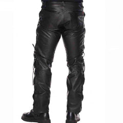Pantalones de cuero de vaca negros para hombre, pantalones con cordones para motocicleta, pantalones vaqueros 