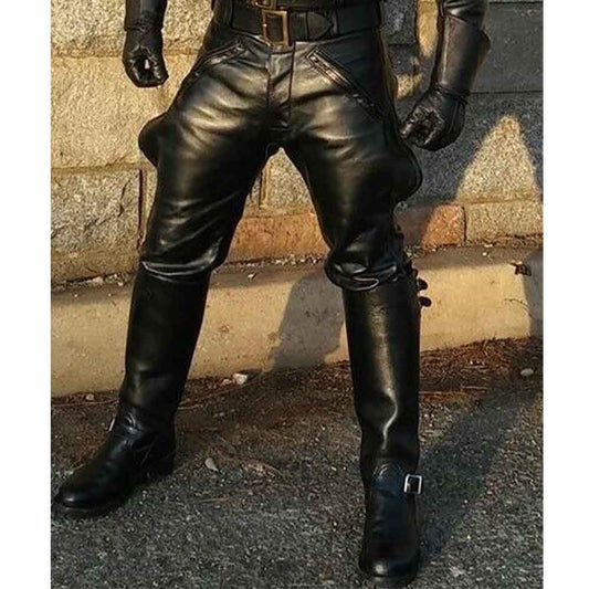 Mens Black Genuine Soft Cowhide Leather Breeches Trousers Lederjeans Pants BLUF Pants