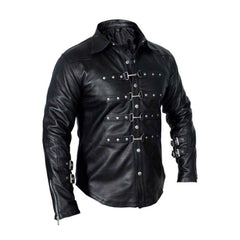 Camisa Steampunk de uniforme de policía caliente de piel de cordero negra para hombre Bluf Gay Sheep Lamb mangas completas