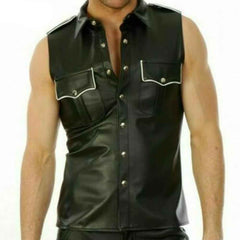 Camisa Policia De Piel De Cordero Negra Con Ribetes Blancos Sin Mangas Fetish BLUF Hombre