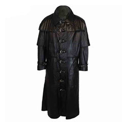 Handmade men's black leather gothic trench coat in Van Helsing style featuring 9 silver buckle closures and a full-length fit.