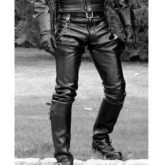 Men's Black Real Cowhide Leather Slim BLUF Breeches Trousers Pants Bikers Jeans Leder Breeches