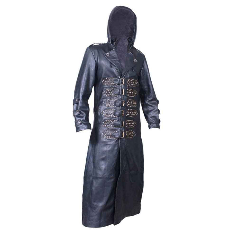 Men's Black Real Cowhide Leather Detachable Hood Matrix STEAMPUNK Van Helsing Trench Coat