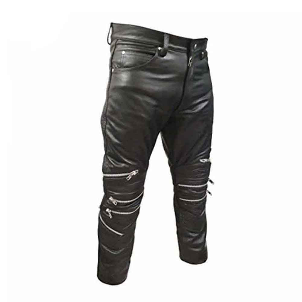 Mens Black Real Cowhide Leather Motorcycle Trousers Bikers Jeans Bikers Pants
