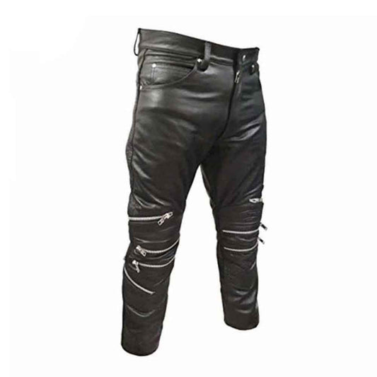 Mens Black Real Cowhide Leather Motorcycle Trousers Bikers Jeans Bikers Pants