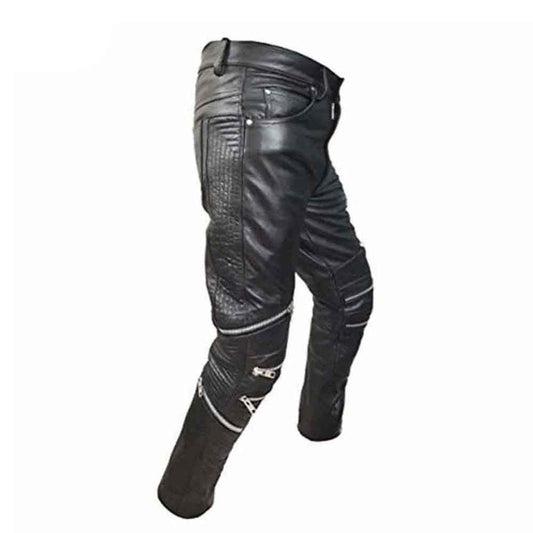 Mens Black Real Cowhide Leather Motorcycle Trousers Bikers Jeans Bikers Pants