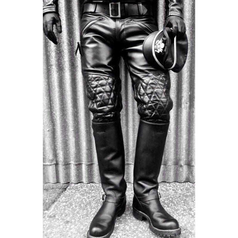Men's Black Real Cowhide Leather Quilted Panels Breeches Trousers Pants Bikers Jeans Leder Breeches