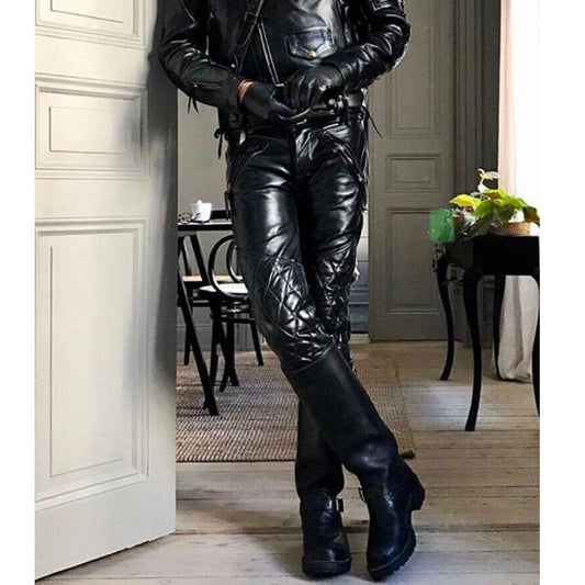 Men's Black Real Cowhide Leather Quilted Slim BLUF Trousers Pants Bikers Jeans Leder Breeches