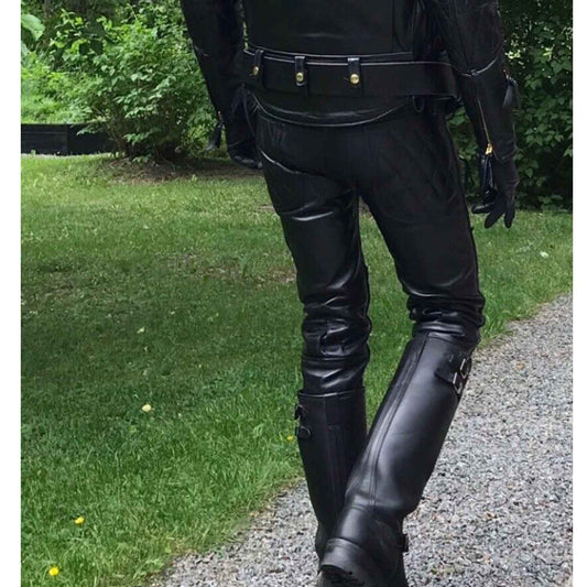 Men's Black Real Cowhide Leather Quilted Slim BLUF Trousers Pants Bikers Jeans Leder Breeches
