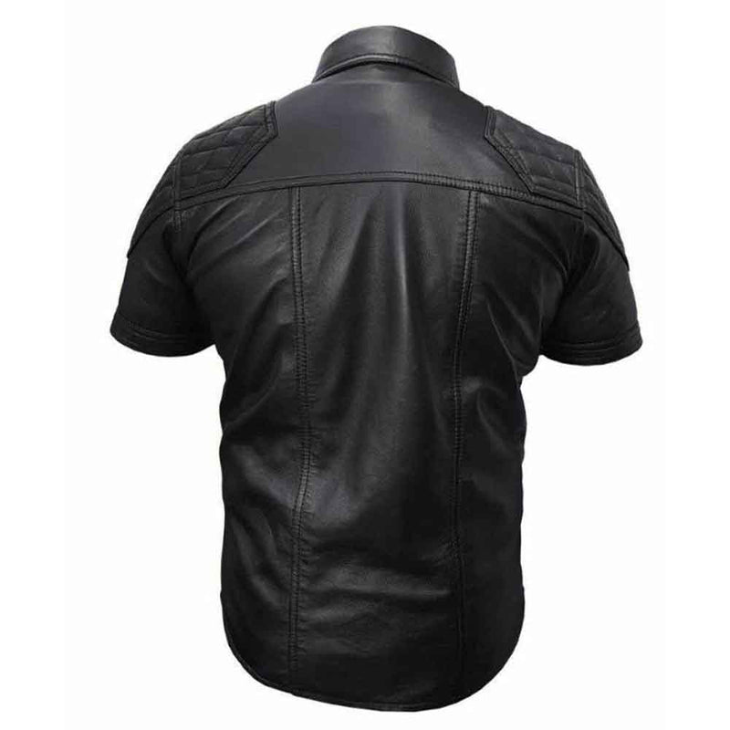 Men's Black Real Lambskin Leather Police Military Style Quilted Bluf Shirt