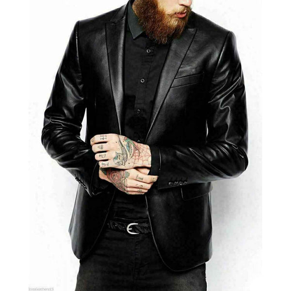 Blazer negro de piel de cordero pura con dos botones para hombre, abrigo ajustado, todos los tamaños disponibles