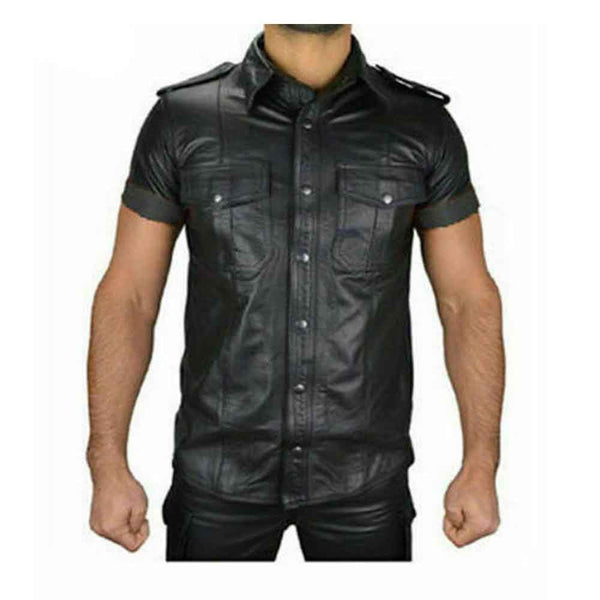 Mens Boys Hot Police Uniform Shirt Genuine Soft Lambskin Leather Shirt All Sizes Gay