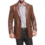 Blazer de piel de cordero pura con dos botones, color marrón, para hombre, abrigo ajustado, todos los tamaños disponibles