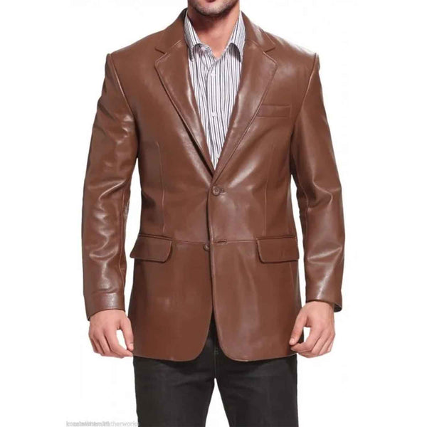 Blazer de piel de cordero pura con dos botones, color marrón, para hombre, abrigo ajustado, todos los tamaños disponibles