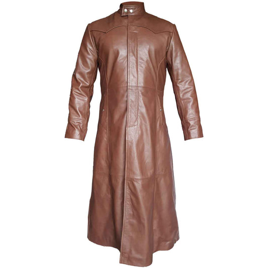 Abrigo largo gótico de piel de vaca marrón para hombre, gabardina gótica Steampunk Van Helsing Matrix