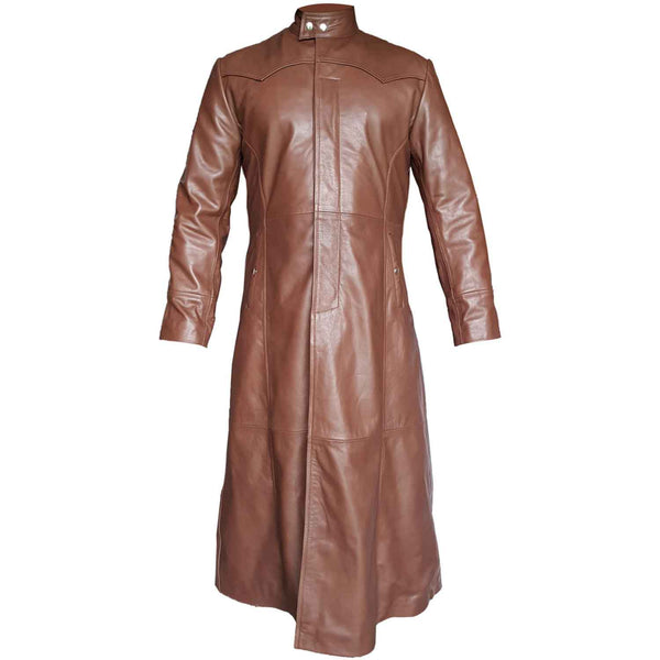 Mens Brown Cowhide Leather Goth Long Coat Steampunk Gothic Van Helsing Matrix Trench Coat